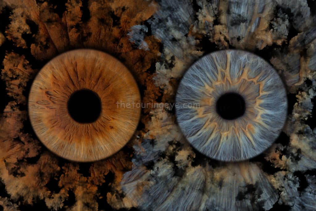 2 eye irises with a smokey background. Iris photography. Eye photography. UK. The Touring Eye