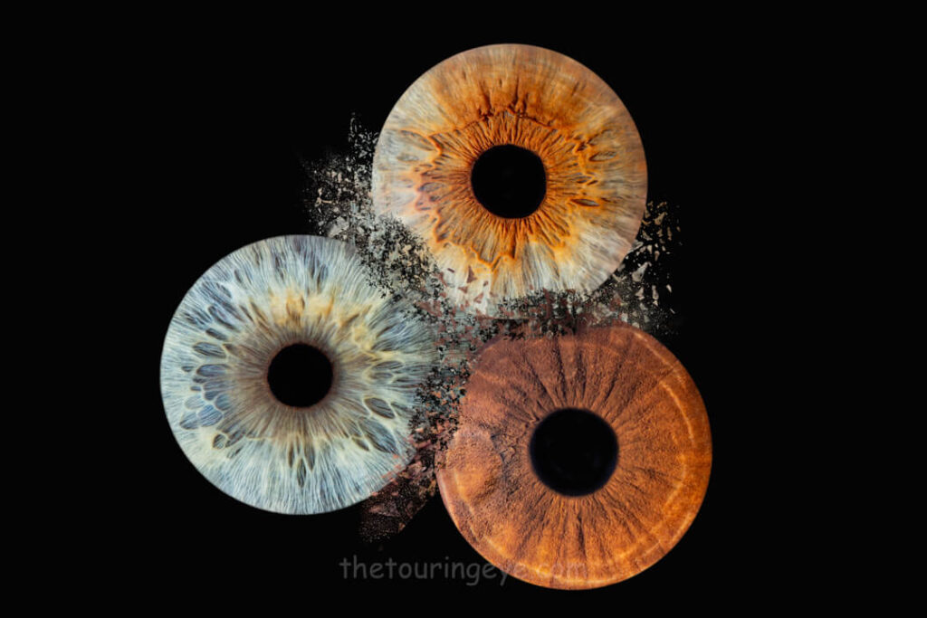3 eye iris clash edit. Showing blue, hazel and a brown iris. Iris photography. Eye photography. The Touring Eye. UK