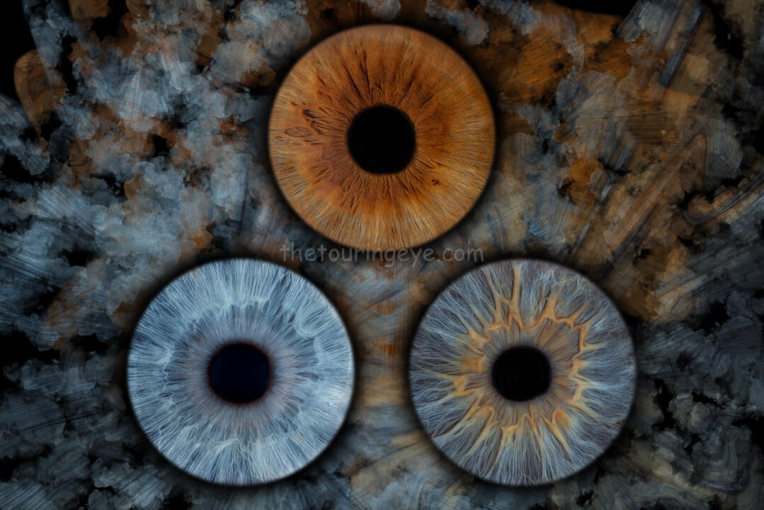 3 eye iris smokey edit. Showing two blue coloured irises and a brown iris against a smokey background. Iris photography. Eye photography. The Touring Eye. UK