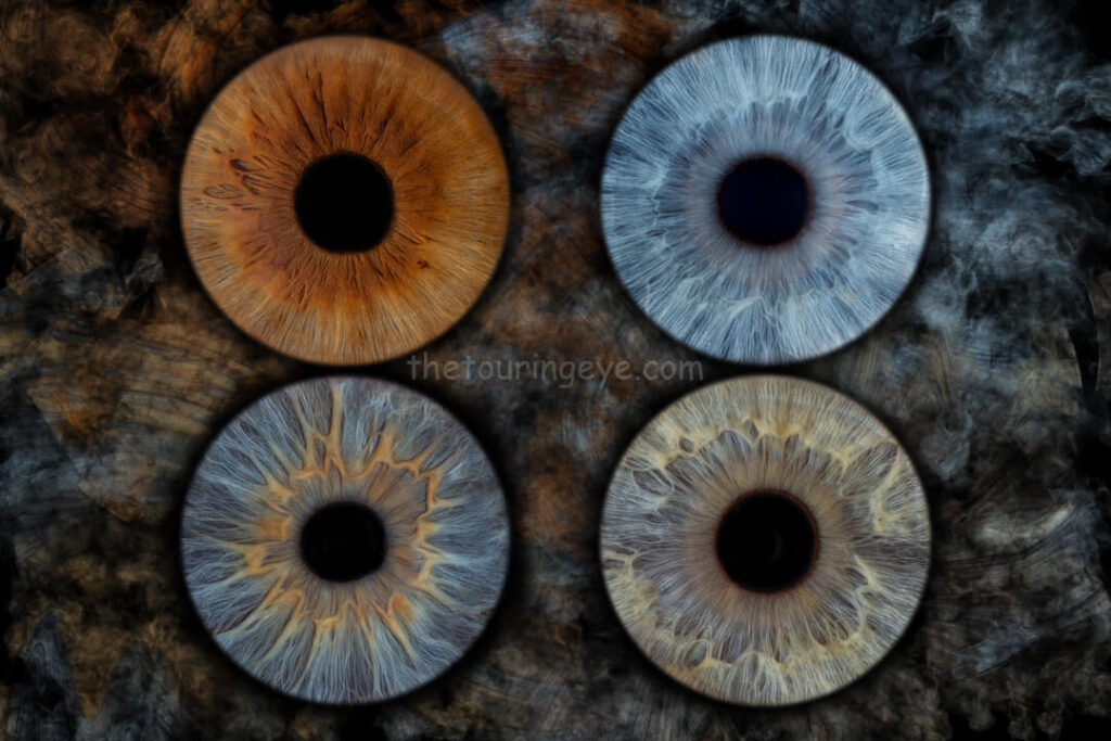4 eye iris smokey edit. Showing 4 human eye irises against a smokey background. Iris photography. Eye photography. The Touring Eye. UK