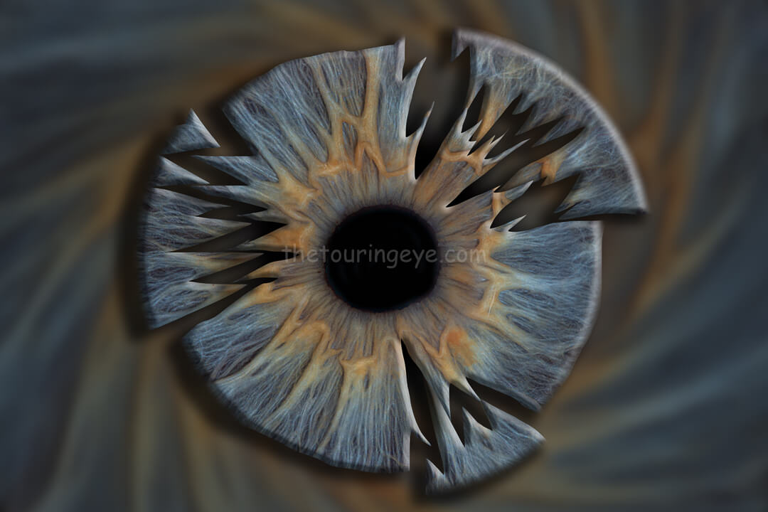 Human eye iris splatter edit. Showing a blue eye iris that has been dropped and sections have broken off. Much like a smashed plate. Iris Photography. Eye Photography. The Touring Eye. UK