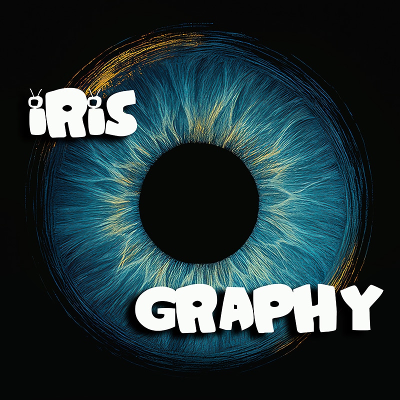 Irisography logo on a black background. Iris photography. Eye photography. UK