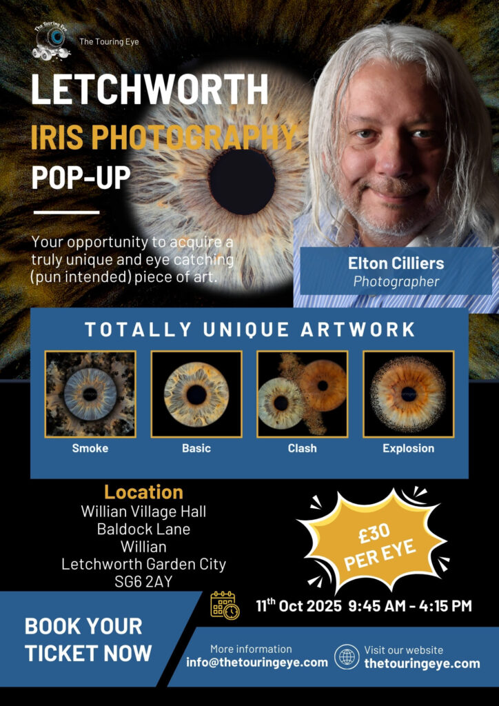 Letchworth Garden City, Hertfordshire, iris photography pop-up poster. Saturday 11th October 2025