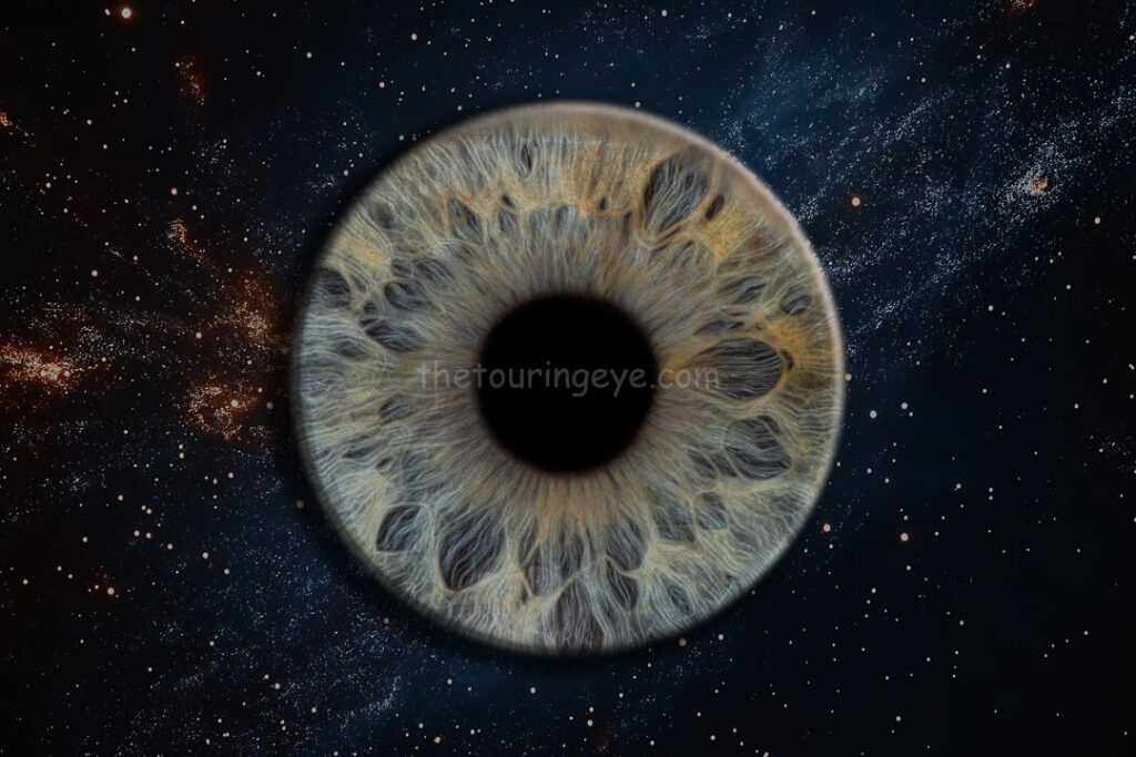 Single eye iris with a space background. Iris photography. Eye photography. The Touring Eye. UK
