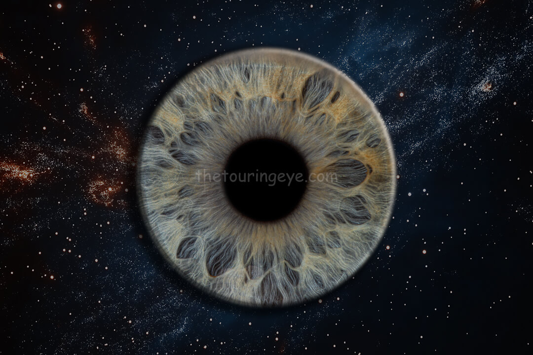 Haverhill, Suffolk iris photography pop-up 15th November 2025. Single eye iris with a space background. Iris photography. Eye photography. The Touring Eye. UK