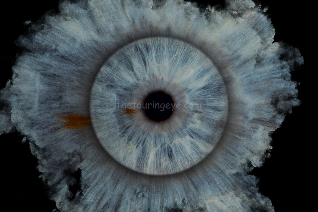 A blue eye iris with a smokey effect. Iris photography. Eye photography. UK. The Touring Eye