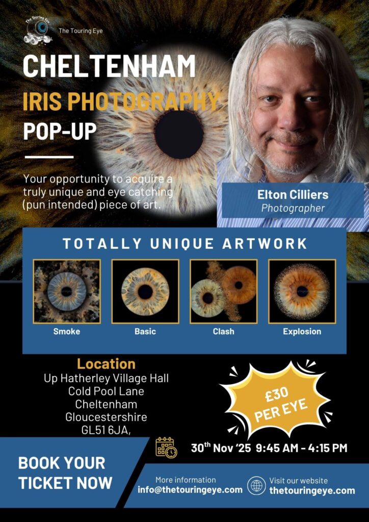 Cheltenham, Gloucestershire, iris photography pop-up poster. Saturday 29th November 2025